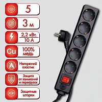 Сетевой фильтр SONNEN U-3513, 5 розеток, с заземлением, выключатель, 10 А, 3 м, черный, 513489