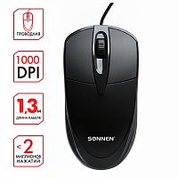 Мышь проводная SONNEN B61, USB, 1000 dpi, 2 кнопки + колесо-кнопка, оптическая, черная, 513513