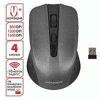 Мышь беспроводная SONNEN V99, USB, 1000/1200/1600 dpi, 4 кнопки, оптическая, серая, 513528