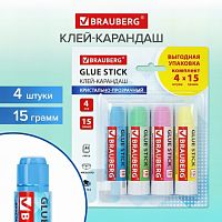Клей-карандаш 15 г ВЫГОДНАЯ УПАКОВКА BRAUBERG "COLOR Crystal", 4 штуки на блистере, 271709