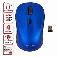 Мышь беспроводная SONNEN V-111, USB, 800/1200/1600 dpi, 4 кнопки, оптическая, синяя, 513519
