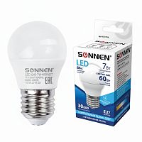 Лампа светодиодная SONNEN, 7 (60) Вт, цоколь E27, шар, холодный белый свет, 30000 ч, LED G45-7W-4000-E27, 453704