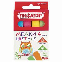 Мел цветной ПИФАГОР, набор 4 шт., квадратный, 221977
