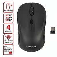Мышь беспроводная SONNEN V-111, USB, 800/1200/1600 dpi, 4 кнопки, оптическая, черная, 513518