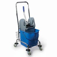 Тележка уборочная BRABIX, 1 съемное ведро 25 л, механический отжим, корзина, металлический каркас, синяя, 601498