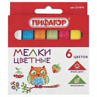 Мел цветной ПИФАГОР, набор 6 шт., квадратный, 221979
