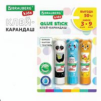 Клей-карандаш "Зверята: панда, слон, леопард" 9 г, фигурный колпачок, 3 шт/блистер, BRAUBERG KIDS, 272473