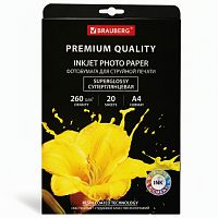 Фотобумага PREMIUM суперглянцевая, А4, 260 г/м2, односторонняя, 20 листов, BRAUBERG, 364004