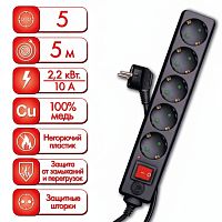 Сетевой фильтр SONNEN U-3515, 5 розеток, с заземлением, выключатель, 10 А, 5 м, черный, 513490