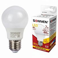 Лампа светодиодная SONNEN, 7 (60) Вт, цоколь E27, грушевидная, теплый белый свет, 30000 ч, LED A55-7W-2700-E27, 453693