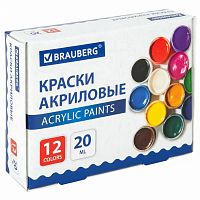 Краски акриловые для рисования и творчества 12 цветов по 20 мл, BRAUBERG, 192564