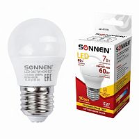 Лампа светодиодная SONNEN, 7 (60) Вт, цоколь E27, шар, теплый белый свет, 30000 ч, LED G45-7W-2700-E27, 453703