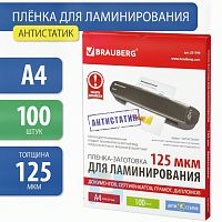 Пленки-заготовки для ламинирования АНТИСТАТИК, А4, КОМПЛЕКТ 100 шт., 125 мкм, BRAUBERG, 531794