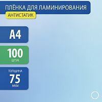 Пленки-заготовки для ламинирования АНТИСТАТИК, А4, КОМПЛЕКТ 100 шт., 75 мкм, BRAUBERG, 531792