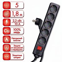 Сетевой фильтр SONNEN U-3518, 5 розеток, с заземлением, выключатель, 10 А, 1,8 м, черный, 513488